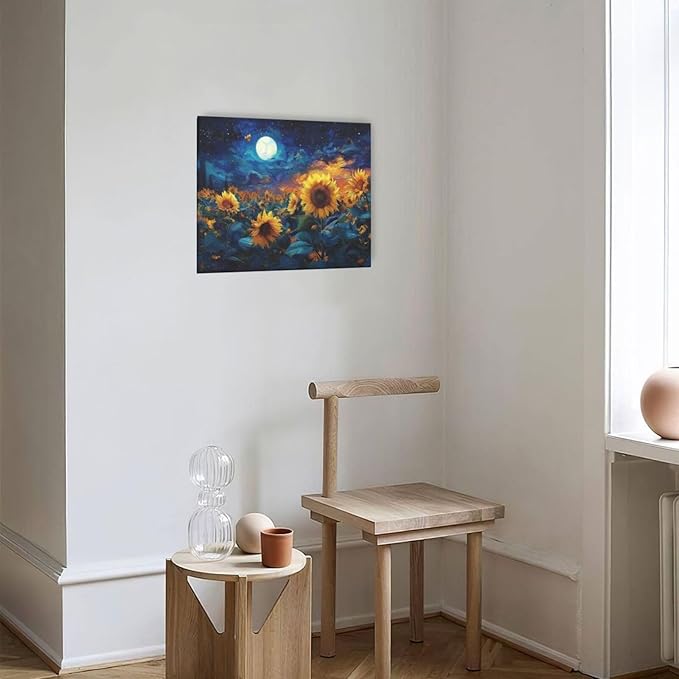 Sunflower Canvas Wall Art Starry Night Pictures Painting Yellow Floral Wall Decor Prints Framed Artwork Decoration for Living Room Bedroom Bathroom Dining Room Office 20"x24"