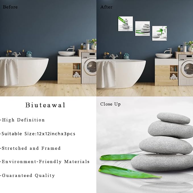 Biuteawal 3 Piece Zen Decor Bathroom Wall Art Spa Still Life With Green Bamboo Pictures Grey Stone Painting Prints Modern Canvas Artwork Spa Meditation Yoga Room Home Bedroom Decoration