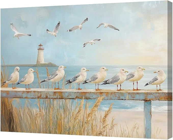 Olivine Beach Wall Art, Coastal Seagull Lighthouse Bathroom Pictures, Nautical Canvas Prints Painting for Living Room Bedroom Dinning Room Kitchen 24"x20" Inch Framed
