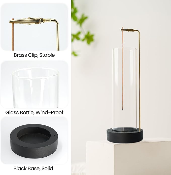 Incense Holder for Sticks, Anti-Ash Flying Incense Burner with 30 Incense Sticks, Detachable Glass Ash Catcher (Black, 2Pcs