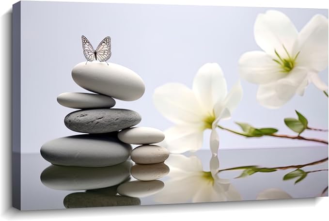 Zen Canvas Wall Art Lotus Picture Bathroom Wall Decor Blue Poster Spiritual Meditation Artwork Spa Stones Butterfly Prints for Yoga Room Home Decor Framed(Art-6,24.00x36.00 inch)