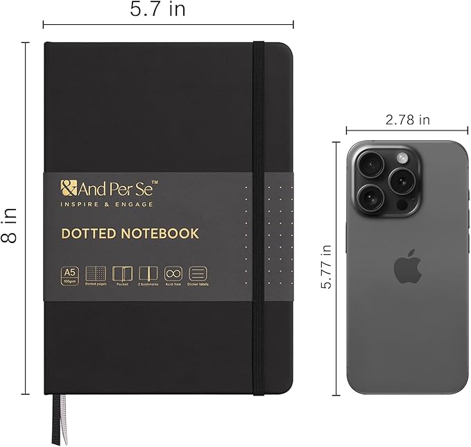 &And Per Se Dotted Journal Notebook (10 packs), A5 Hardcover Leather Bullet Dotted Journal, 160 Pages 100GSM Thick Paper, 3 Sheets of Stickers Included - 5.7'' x 8'' (Black)