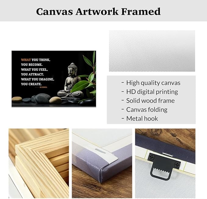 ZXHYWYM Buddhist Motivational Quotes Wall Art Canvas Prints Buddha Lotus Painting Zen Bathroom Pictures for Office Home Spa Yoga Room Wall Decor Framed (24" x 36")