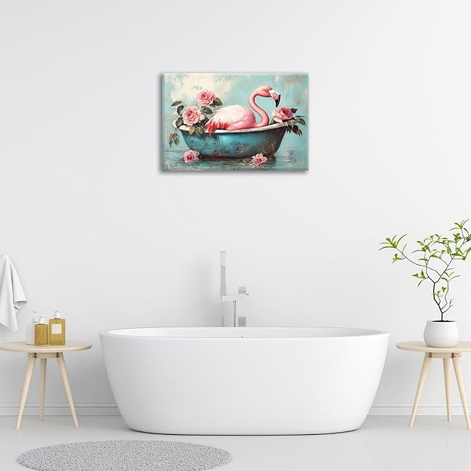Olivine Flamingo Wall Art, Funny Animal Bathtub Pictures Wall Decor, Vintage Flamingo Bathroom Painting Tropical Animal Canvas Prints, Framed Artwork for Bedroom Living Room Office Home 24"x16"