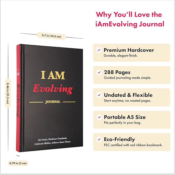 iAmEvolving Journal – Gratitude Journal with Prompts for Goal Setting, Habit Tracking, Mindfulness, Daily Reflection, Affirmations – 2025 Undated Self-Care Notebook for Women & Men (Black)