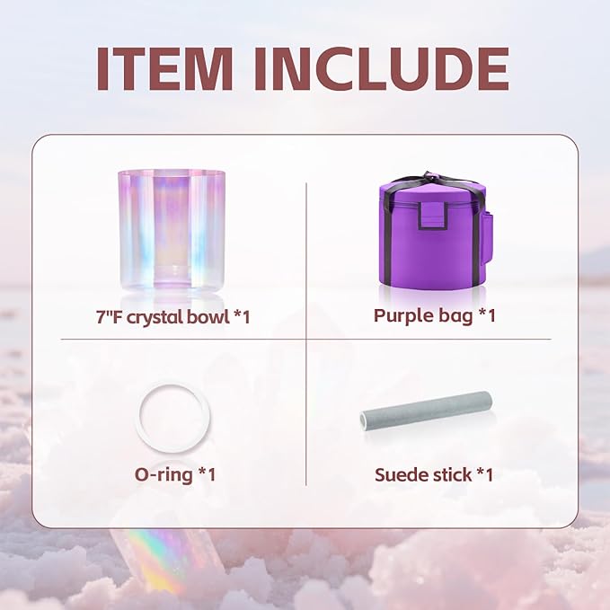 440HZ 7 Inch F Note Heart Chakra Pink Purple Color Clear Quartz Crystal Singing Bowl with Carry Case Bag for Sound Healing and Meditation