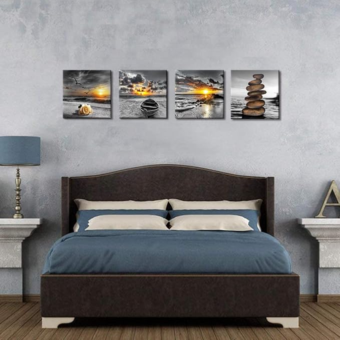 Bamdeya Black and White Gold Wall Decor Sea Sunset Beach Wall Art Seascape Zen Painting Sunrise Wall Picture Ocean Canvas Print for Living Room Bedroom Bathroom Home Wall Decoration Framed Wall Art