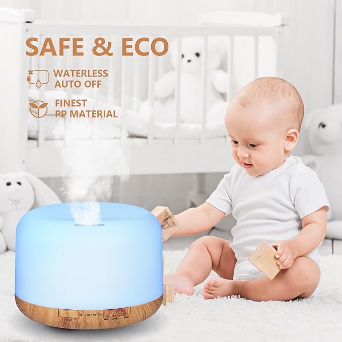 500ml Essential Oil Diffusers, Aromatherapy Diffuser with 2 Mist Mode 4 Timers＆7 Ambient Light Waterless Auto Off for Diffusers Large Room Home Office（15x5mL）