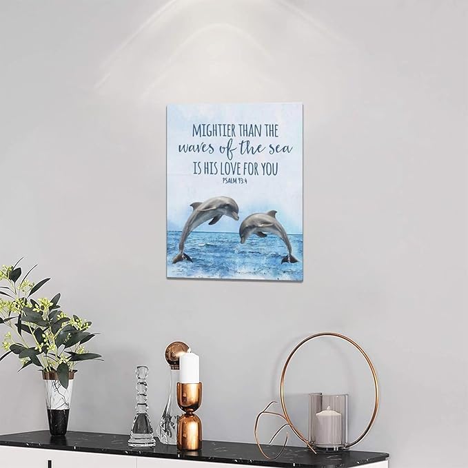 Dolphin Bathroom Decor Wall Art Ocean Coastal Wall Decor Scripture Canvas Bible Verse Prints Painting Framed Artwork for Bathroom living room Bedroom 12"x16"
