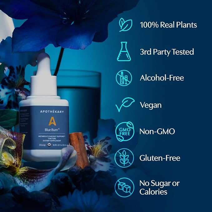 Apothékary Blue Burn Herbal Supplement Liquid Drops, Metabolism and Weight Management Support, 1 Fl Oz, 30 Servings