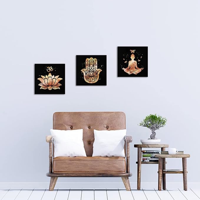 Derkymo 3 Panel Yoga Wall Art Abstract Lotus Flower Picture Prints Meditation Zen Art Wall Decor for Home Decoration Framed to Hang 12"x12"x3pcs