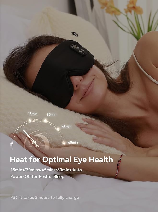 Heated Eye Mask for Dry Eye Relief, Cordless Warm Compress Sleep Mask with 4 Heat Settings & Timer, Rechargeable Silk Eyes Warmer for Migraine, Travel, Women Men Black