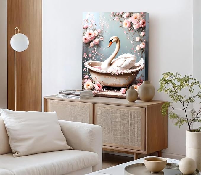 Framed Swan Wall Art Prints,Swan Bathroom Wall Art,Swan In Bathtub Poster Print,Rustic Watercolor Swan Vintage Art Pictures for Bedroom Bathroom Office Decor(12''x16'')