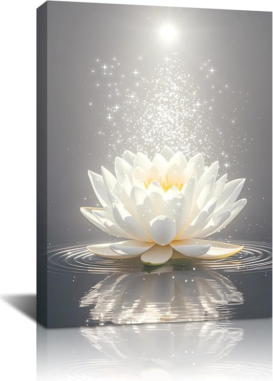 Framed Lotus Floral Pictures Wall Art for Zen Office Decor Meditation Poster,Lotus Floral Wall Art,White Lotus Print,Lotus Flower Bloom in Water Picture Bathroom Decor(12"x16")