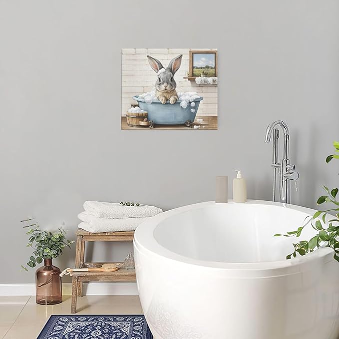 Farmhouse Bunny Bathroom Decor Wall Art Rabbit Pictures Canvas Prints Rustic Country Bathroom Painting Artwork Easter Decoration Framed Gifts for Women Girl Restroom Toilet 20"x24"