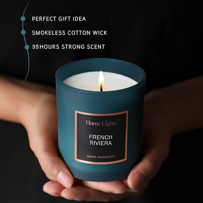HomeLights Luxury Scented Candle, Natural Soy Wax, Home Fragrance Decor Gift,French Riviera, Medium Jar