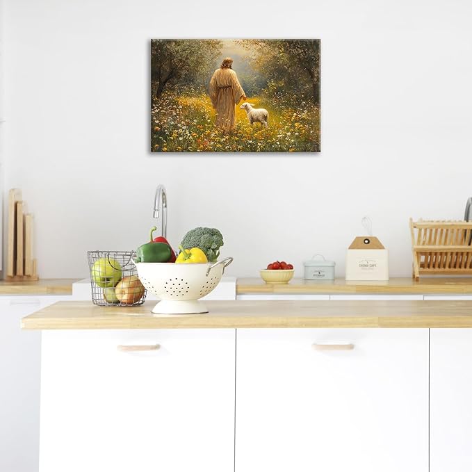 Olivine Christian Wall Art, Jesus Pictures Wall Decor, Lamb Painting, The Lost Sheep Canvas Prints, Framed Artwork for Kitchen Bathroom Bedroom Living Room Office Home Decoration 24"x16"