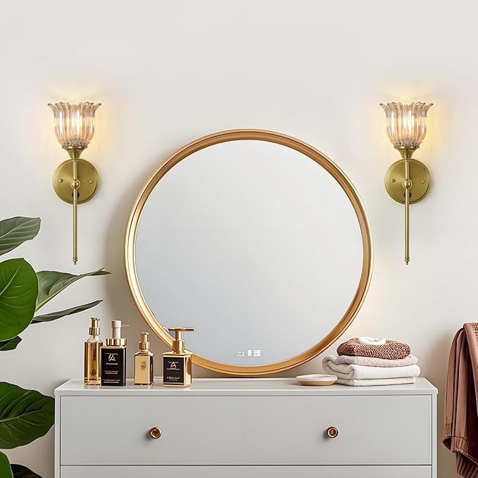 Modern Wall Sconces Set of 2 with Amber Flower Glass Shade, Mid Century Bathroom Vanity Wall Light Fixtures Gold Vintage Wall Lights with Switch for Mirror Bedroom Living Room