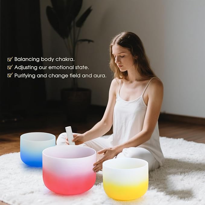 432HZ PCS Aria Gradient GEC Crystal Singing Bowl Set of 3, 8"G Throat, 10"E Solar Plexus, 12” Root with Case Suede Striker & O-Ring Sound Therapy for Reiki, Healing Energy