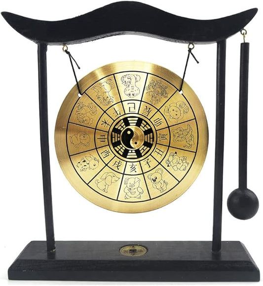 Hooshing Zen Art Brass Feng Shui Desktop Gong with Stand Asian Decor for Home Office Chinese Zodiac Signs