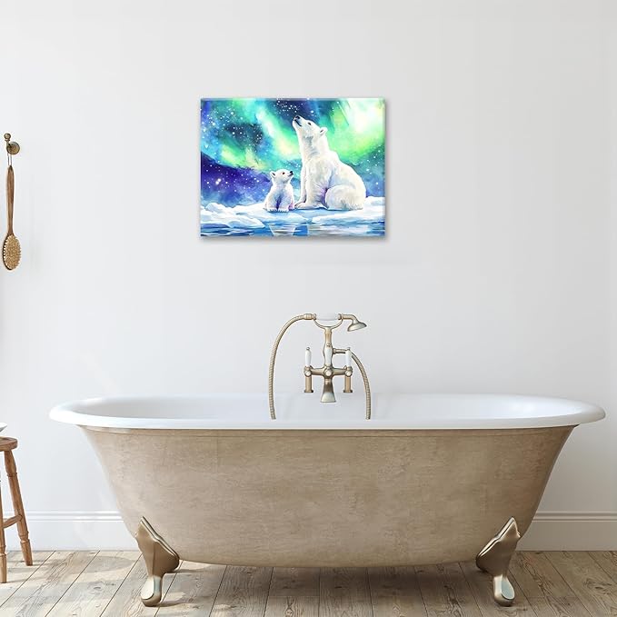 Olivine Polar Bear Wall Art, Northern Lights Pictures Wall Decor,Watercolor Polar Landscape Canvas Prints Paintings, Framed Artwork for Bathroom Bedroom Living Room Office Home Decoration 16"x12"