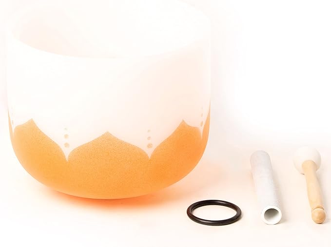 Leize Quartz Crystal Singing Bowl 432hz D Note Sacral Chakra Navel Chakra Orange Lotus Design 11" Wide with Suede Striker