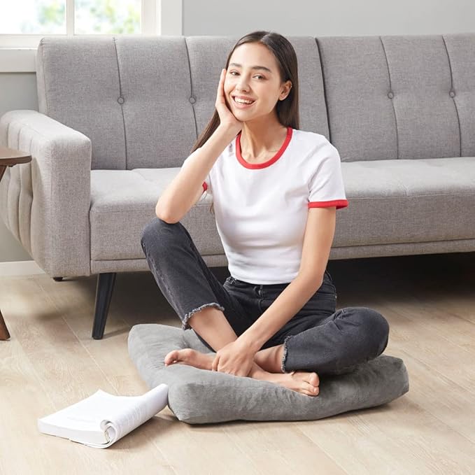 Meditation Floor Pillow Set of 2, Square Large Pillows Seating for Adults, Tufted Corduroy Cushion for Tatami Living Room, Grey, 22x22 Inch