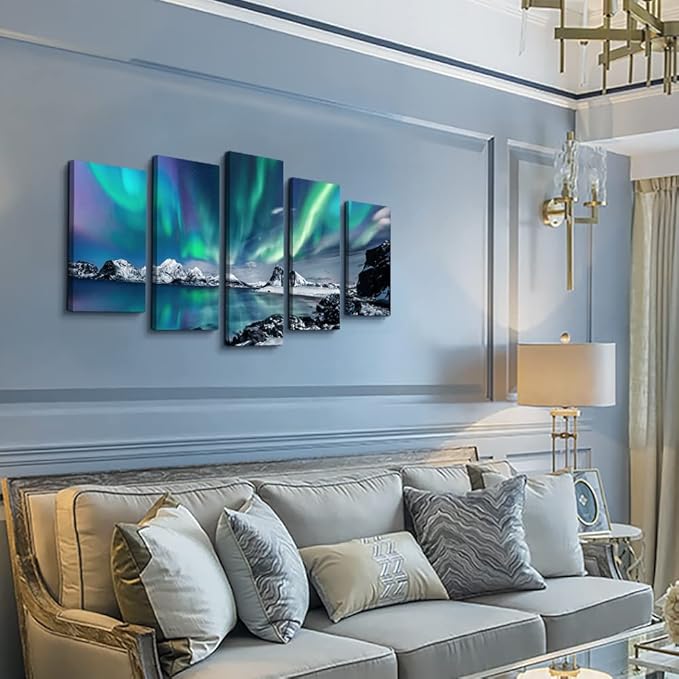Large Canvas Wall Art Set - Blue Aurora Scenery Paintings for Living Room, Bedroom & Office - Modern Canvas Art Prints Ready to Hang - 5 Piece Set