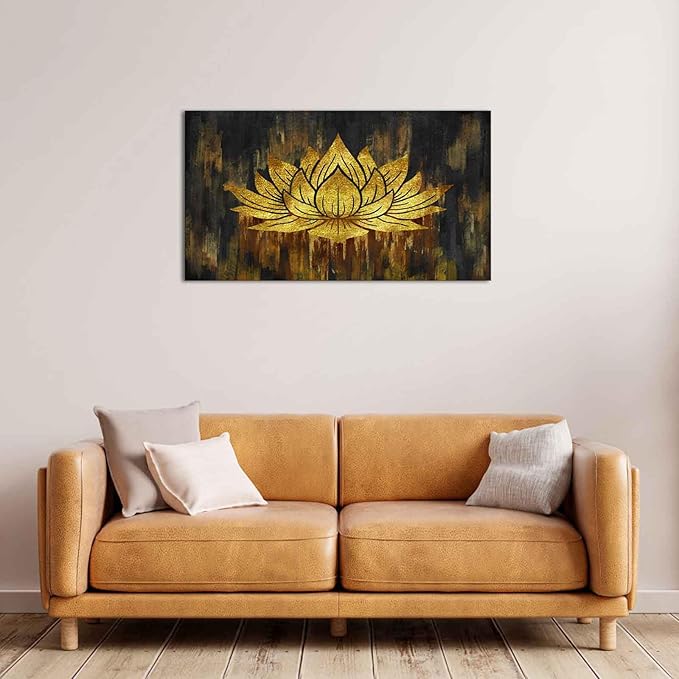 SkenoArt Gold Lotus Wall Art Abstract Zen Lotus Canvas Wall Art Gold and Black Zen Flower Picture Artwork for Living Room Home Bedroom Wall Decor Stretched and Framed 20x36 inch