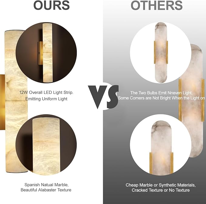 Alabaster Wall Sconces Gold, Spanish Natural Marble Wall Sconce, 20" Brass Wall Sconce for Bathroom, Indoor Stone Wall Sconces Dimmable, Alabaster Wall Light for Living Room, Bedroom, Hallway, Stairs