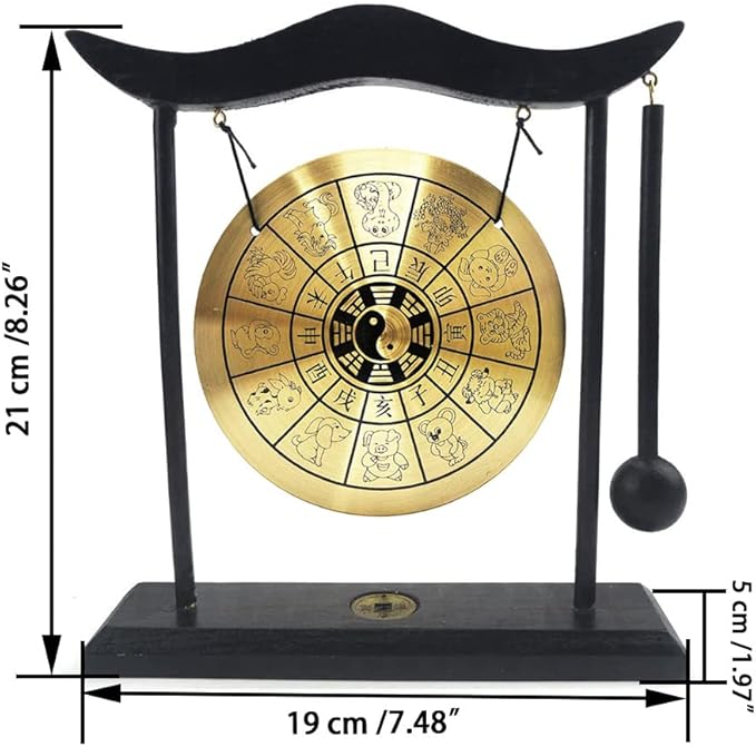 Hooshing Zen Art Brass Feng Shui Desktop Gong with Stand Asian Decor for Home Office Chinese Zodiac Signs