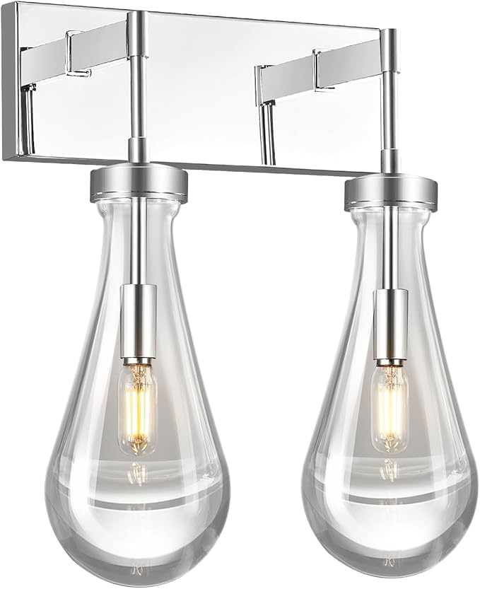 Raindrop Wall Sconces Chrome Crystal Sconces Wall Decor Modern Brass Lighting Glass Bathroom Sconces Indoor Vanity Light Wall Lamp for Bedroom Living Room Stair(2-Light)
