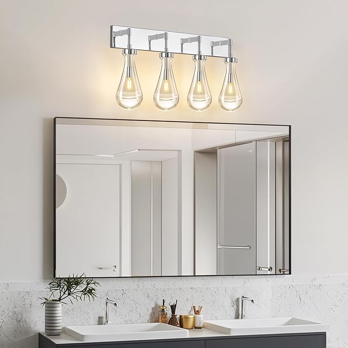 Raindrop Wall Sconces Chrome Crystal Sconces Wall Decor Modern Brass Lighting Glass Bathroom Sconces Indoor Vanity Light Wall Lamp for Bedroom Living Room Stair(4-Light)