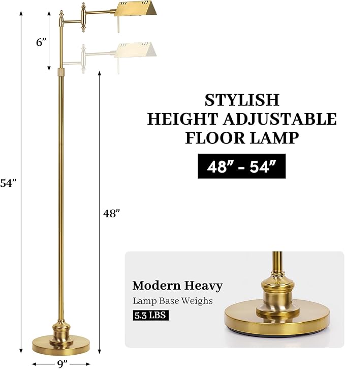 Dimmable Pharmacy Floor Lamp with Remote, 15W LED Reading Floor Lamp with 360°Swing Arm, 3 Color Temperature, Height Adjustable Gold Standing Task Lamp for Living Room, Bedroom, Office, Antique Brass