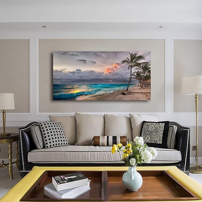 Beach Pictures Wall Art Canvas Prints Seascape Poster Bathroom Decor Blue Ocean Green Tree Painting for Living Room Bedroom Home Kitchen Decoration 20x40 Wooden Frame Natural Landscape Artwork