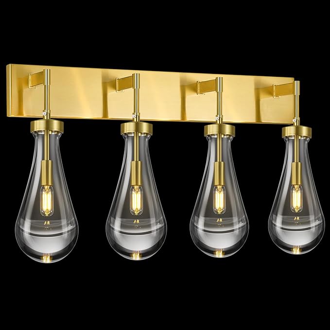 Raindrop Wall Sconces Gold Crystal Sconces Wall Decor Modern Brass Lighting Glass Bathroom Sconces Indoor Vanity Light Wall Lamp for Bedroom Living Room Stair(4-Light)
