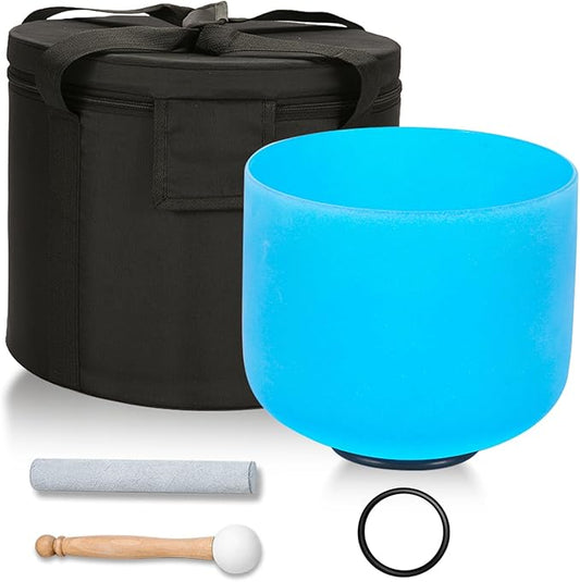 432HZ 8 Inchs G Note Blue Frosted Crystal Singing Bowl for Meditation Healing Yoga Chakra Quartz Crystal Sound Bowls with Heavy Duty Carry Case and Rubber Mallet,Suede Striker,O-rings