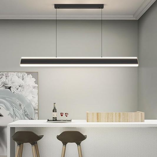 Linear Pendant Lights Kitchen Island, Dimmable LED Chandeliers for Dining Room, Modern Billiard Room Pool Table Light Ceiling Pendant Lamp for Bar Office, Black, Adjustable Height