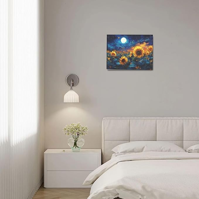 Sunflower Canvas Wall Art Starry Night Pictures Painting Yellow Floral Wall Decor Prints Framed Artwork Decoration for Living Room Bedroom Bathroom Dining Room Office 12"x16"
