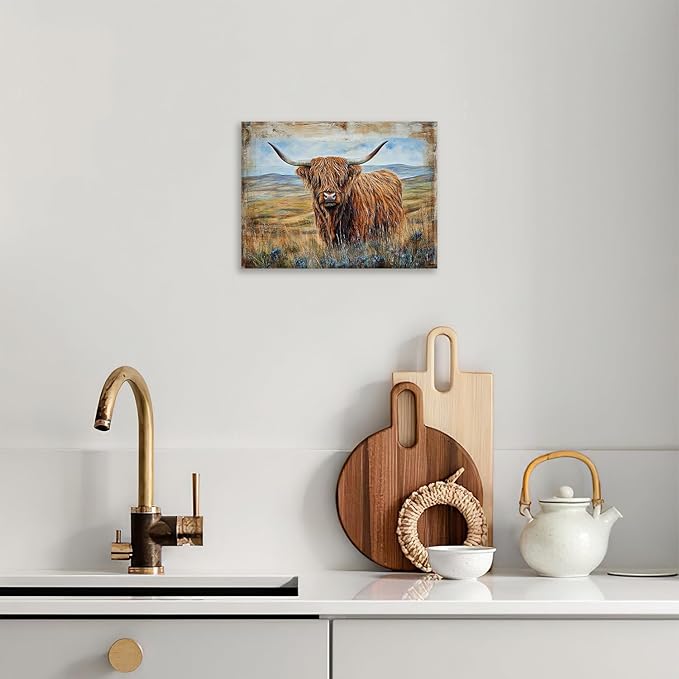 Olivine Highland Cow Wall Art, Rustic Farmhouse Cow Pictures Wall Decor, Country Painting Canvas Prints, Framed Artwork for Bathroom Bedroom Living Room Office Home Decoration 24"x20"