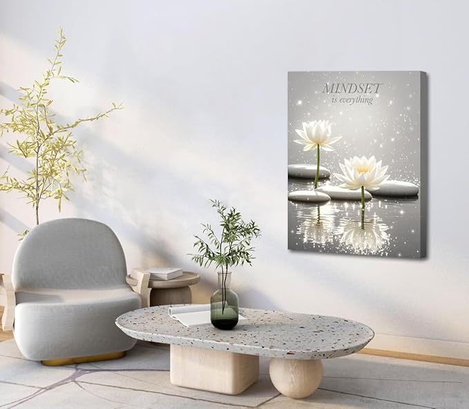 Canvas Prints Art Lotus Floral Mindset Motivational Quotes Poster for Zen Office Wall Decor,White Lotus Flower Meditation Poster Modern Artwork Painting Framed Ready to Hang(12"x16")