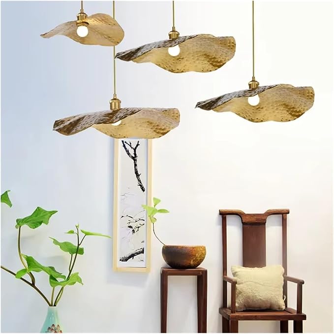 Creative New Chinese Lotus Leaf Pendant with Zen Intention Iron Art Hot Pot Shop Tea Table Retro Tearoom Decoration LightFixture,for Foyer Living Room