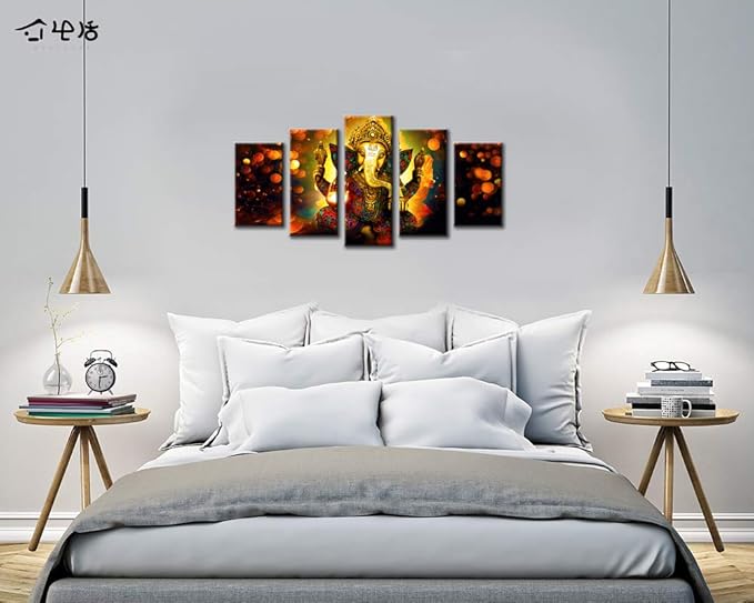 DJSYLIFE Hindu God Ganesha Wall Art Canvas Printed for Living Room Decorative Painting Modern Home Decor 5pcs HD Print Lord Ganesha Elephant Picture Art Wall Framed Ready to Hang (40" W x 22" H)