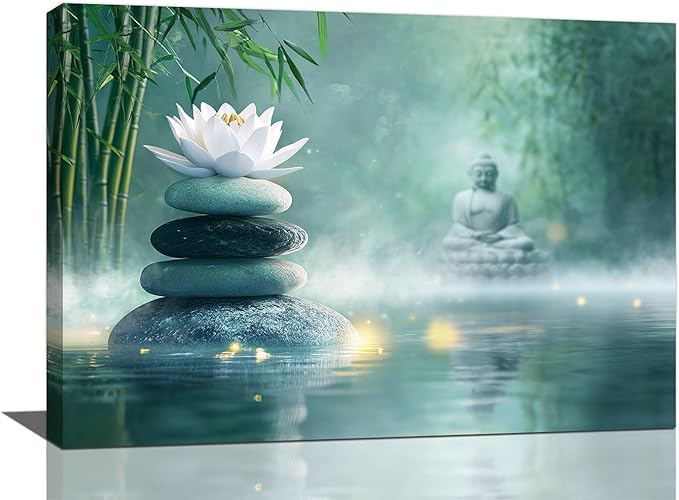 Olivine Zen Decor Wall Art, Lotus Pictures Wall Decor, Stones Flower Bloom Canvas Prints Painting, Framed Artwork for Meditation Bathroom Bedroom Living Room Office Home Decoration 24"x16"
