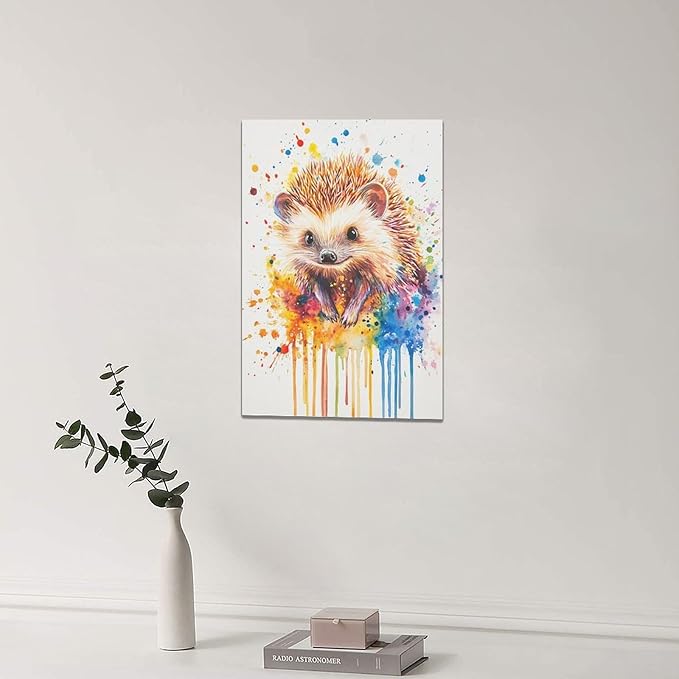 Fleruku Watercolor Hedgehog Wall Art Colorful Hedgehog Wall Decor Cute Animal Pictures Canvas Painting Artwork Home Decorations for Living Room Bedroom Bathroom Office Nursery Classroom 16"x24"