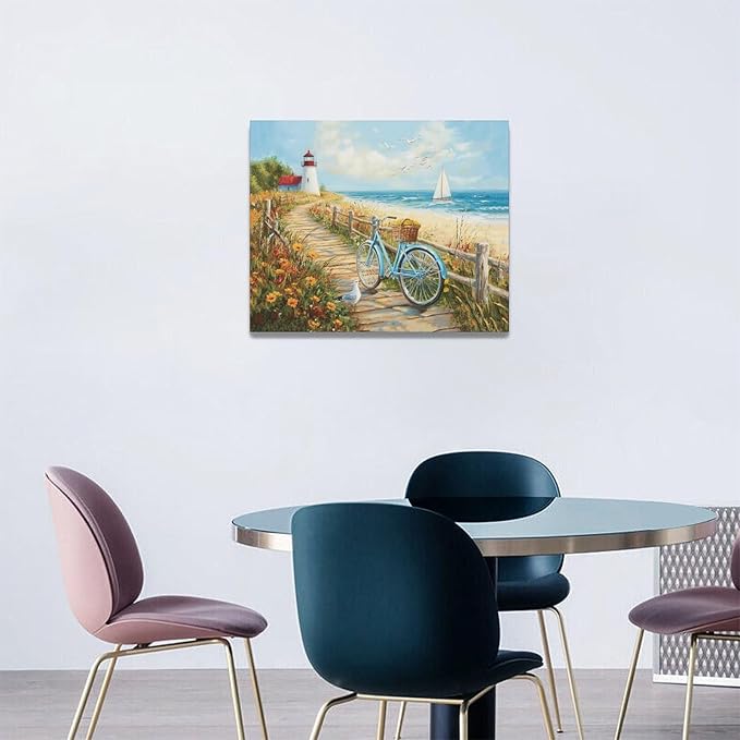 Olivine Coastal Wall Art, Beach Bicycle Pictures Wall Decor, Lighthouse Painting, Ocean Seascape Canvas Prints, Framed Artwork for Living Room Bedroom Bathroom Kitchen Office Home Decoration 20"x16"
