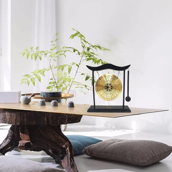 Hooshing Zen Art Brass Feng Shui Desktop Gong with Stand Asian Decor for Home Office Chinese Zodiac Signs