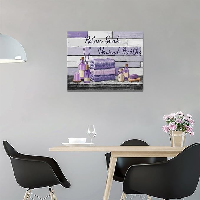 Farmhouse Bathroom Wall Art Relax Soak Unwind Breathe Wall Decor Rustic Bathroom Pictures Canvas Painting Framed Artwork Purple Country Home Decorations for Toilet Lavatory 16"x12"