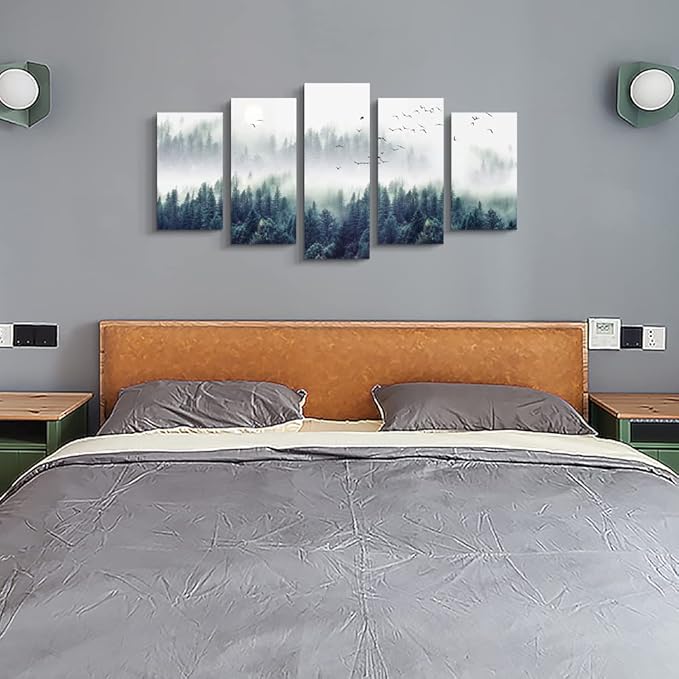 Canvas Wall Art For Living Room Wall Decorations For Bedroom Modern Office Wall Decor Foggy Forest Trees Landscape Painting Stretched And Framed Ready To Pictures Home Decor 5 Piece Set W40” x H20”
