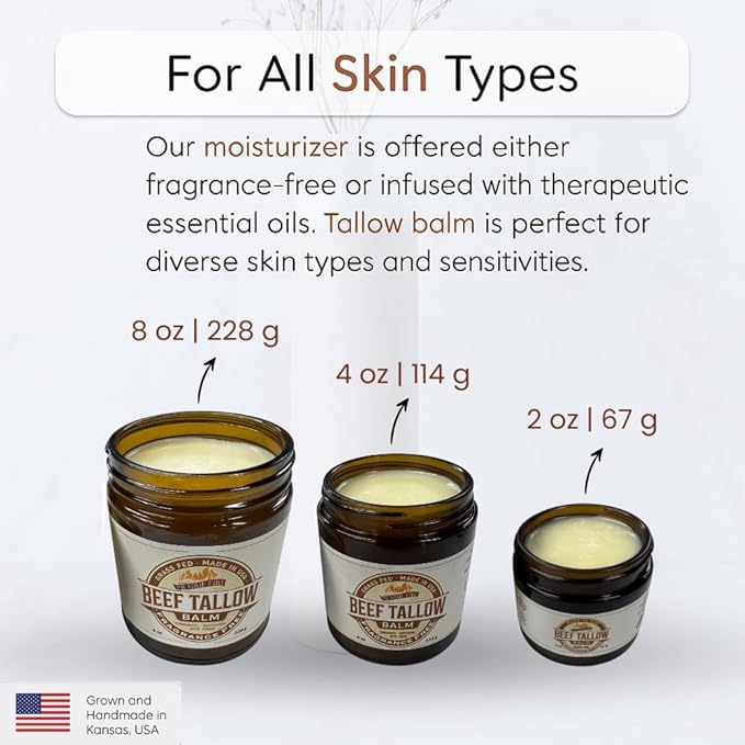 Beef Tallow Balm - 8 oz - Made in USA - Organic Grass Fed and Finished - Moisturizing Skin Care Peppermint